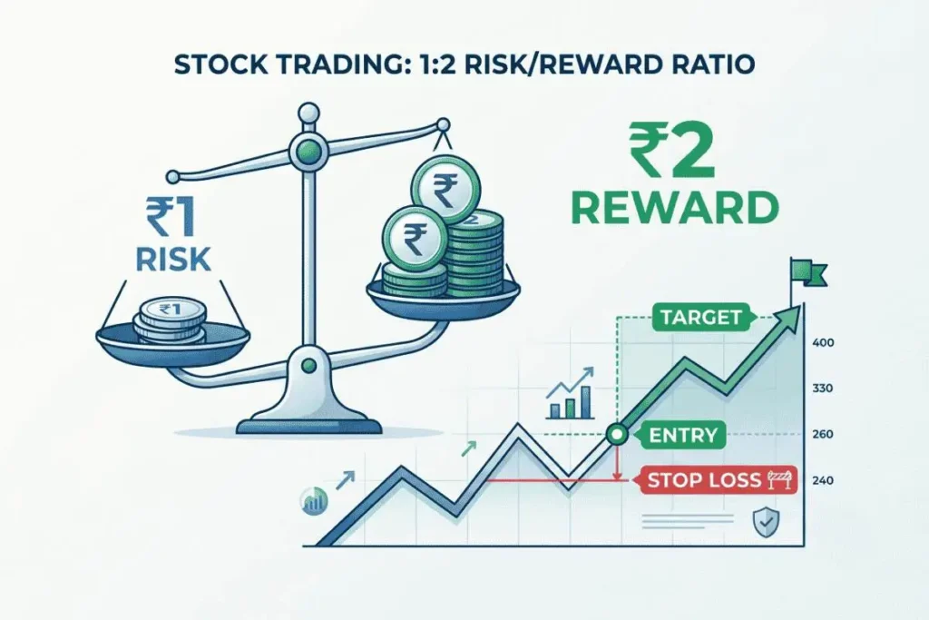 1:2 risk reward ratio diagram showing ₹1 risk versus ₹2 reward in share market trading