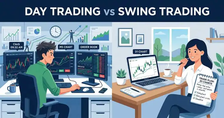Day trading vs swing trading split screen comparison showing fast intraday trader and calm swing trader