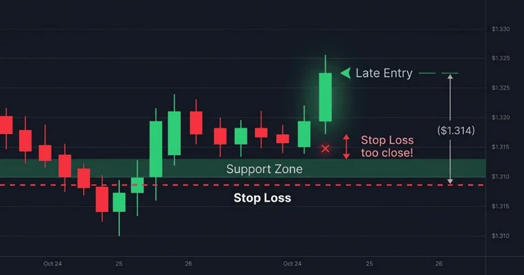 Entry timing mistake in trading causing stop loss to get hit — example of late entry near resistance