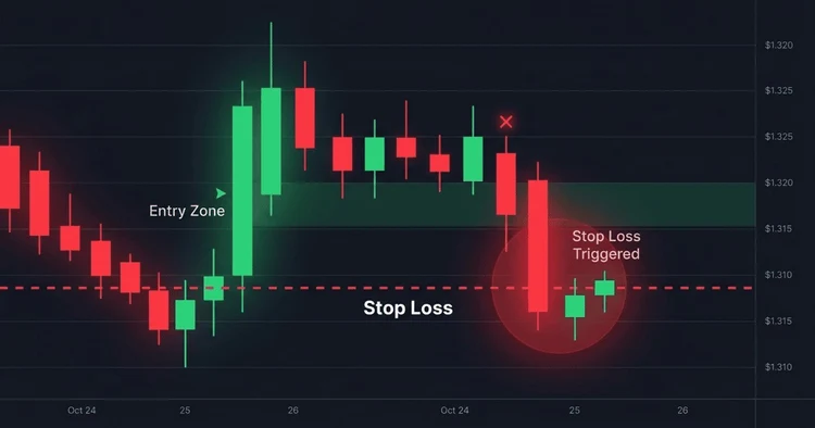Candlestick chart पर stop-loss level, जो दिखाता है कि ट्रेडिंग में stop loss baar-baar hit kyun hota hai।