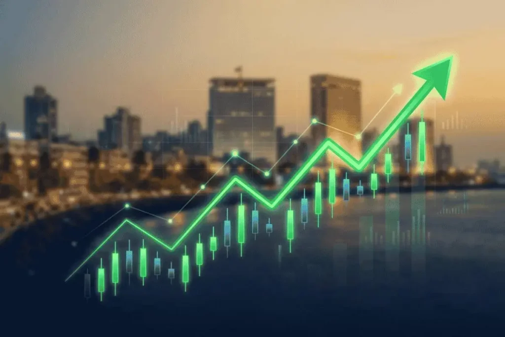 Rising stock market chart with Mumbai skyline representing Indian share market performance