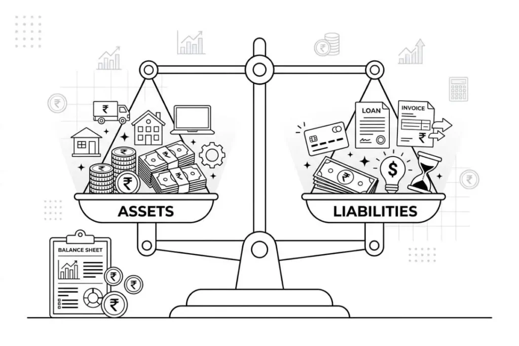 Liabilities Meaning in Hindi — assets aur liabilities ka balance dikhata infographic