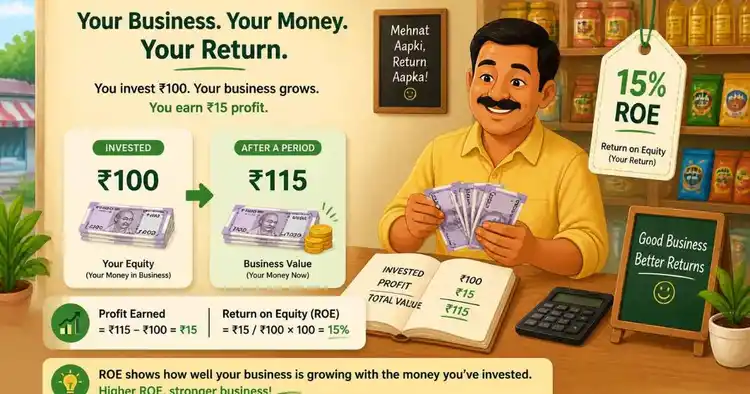 Return on Equity Hindi example — दुकान पर ₹100 निवेश पर 15% रिटर्न का सरल उदाहरण