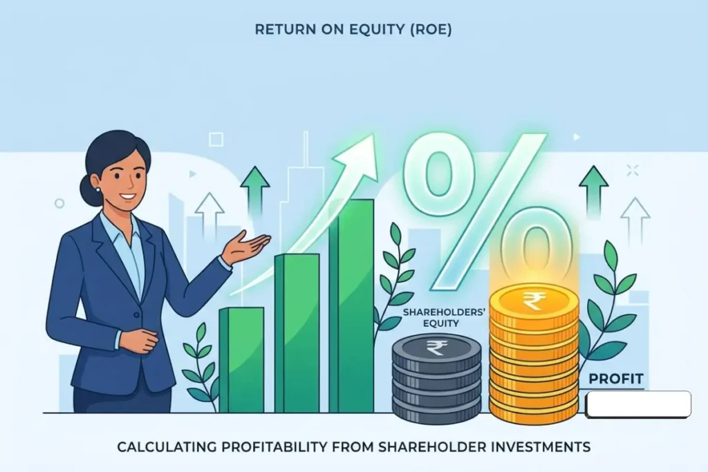 ROE Meaning in Hindi — शेयरहोल्डर्स की पूँजी पर रिटर्न दिखाता financial illustration