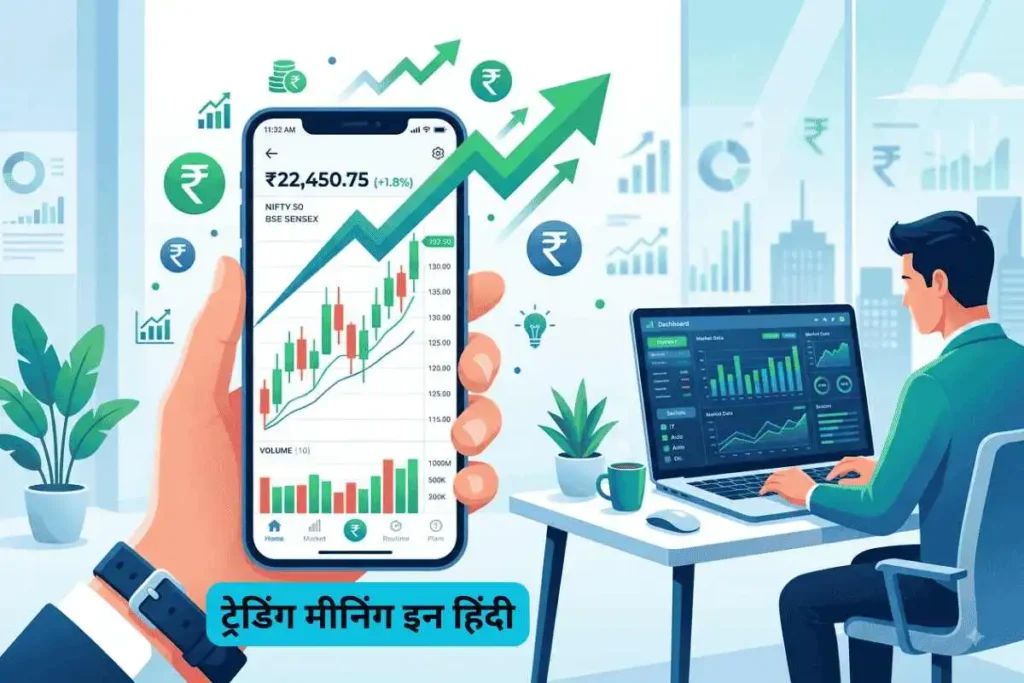 ट्रेडिंग मीनिंग इन हिंदी – शेयर मार्केट में ट्रेडिंग को दर्शाता कैंडलस्टिक चार्ट और स्मार्टफोन
