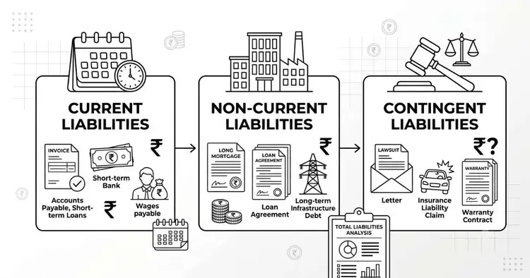 Liabilities ke prakaar — current, non-current aur contingent liabilities ka infographic