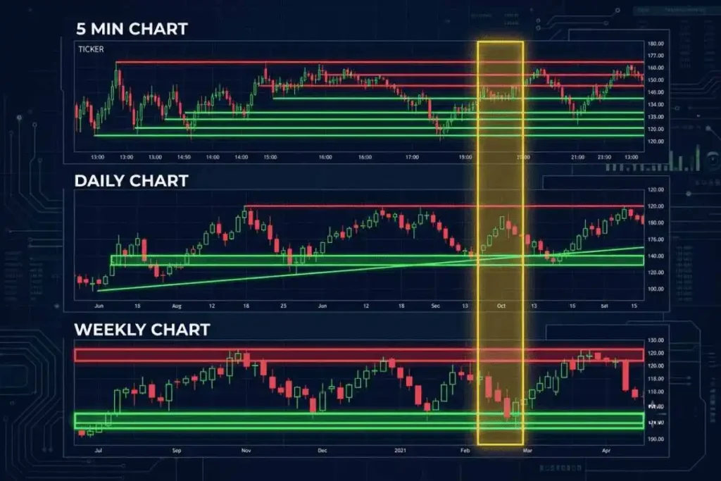 अलग timeframe पर अलग support aur resistance kyu dikhta hai – 5-minute candles और एक daily candle के high-low का फ़र्क़