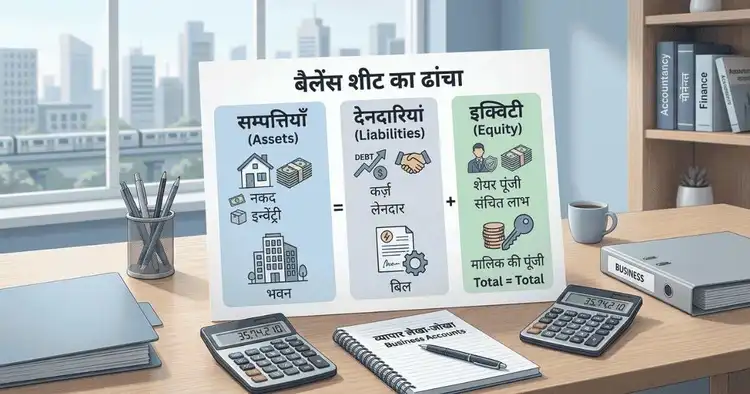 Balance Sheet ke components jaise assets liabilities aur equity ko dikhata hua educational image