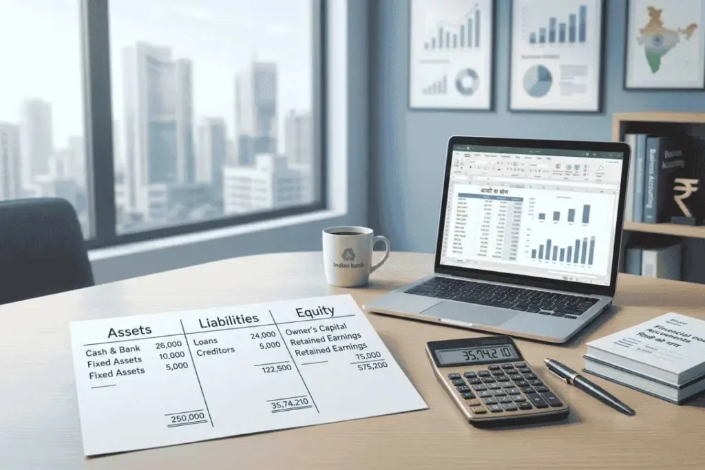 Balance Sheet ko samjhata hua professional financial concept image jisme assets liabilities aur equity dikhaye gaye hain
