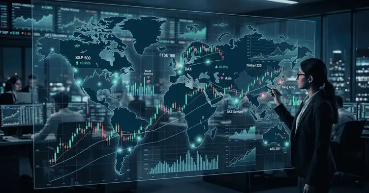 Global day trading statistics comparison with world map and stock market charts