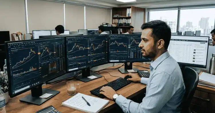 Indian intraday trader live market charts dekhte hue, multiple screens par candlestick patterns ke saath realistic office setup