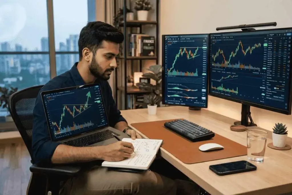 Indian beginner trader analyzing swing trading charts on laptop and multiple screens