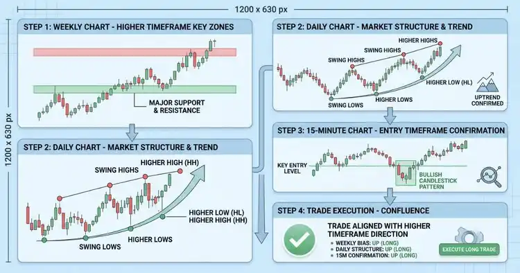 Multiple timeframe analysis के 4 steps – weekly से daily और 15-minute chart तक support resistance पढ़ने का top-down तरीका