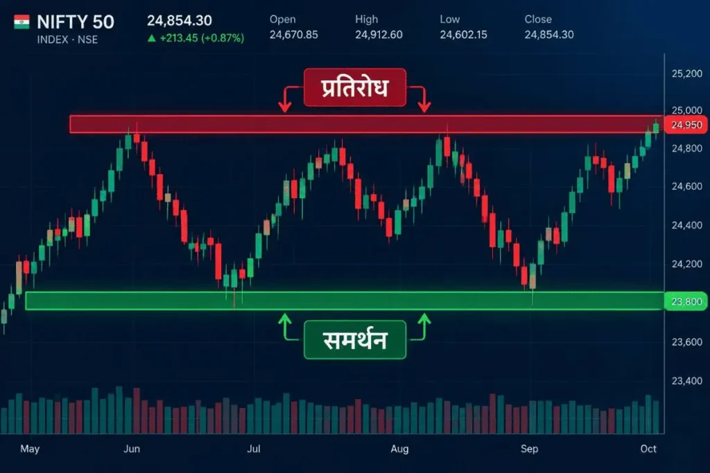 Support and resistance in hindi chart par green support zone aur red resistance zone dikhata hua candlestick example