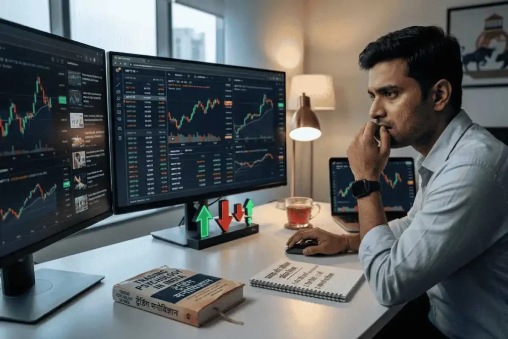 Trading me dar par kabu pane ka concept with trader watching stock market charts