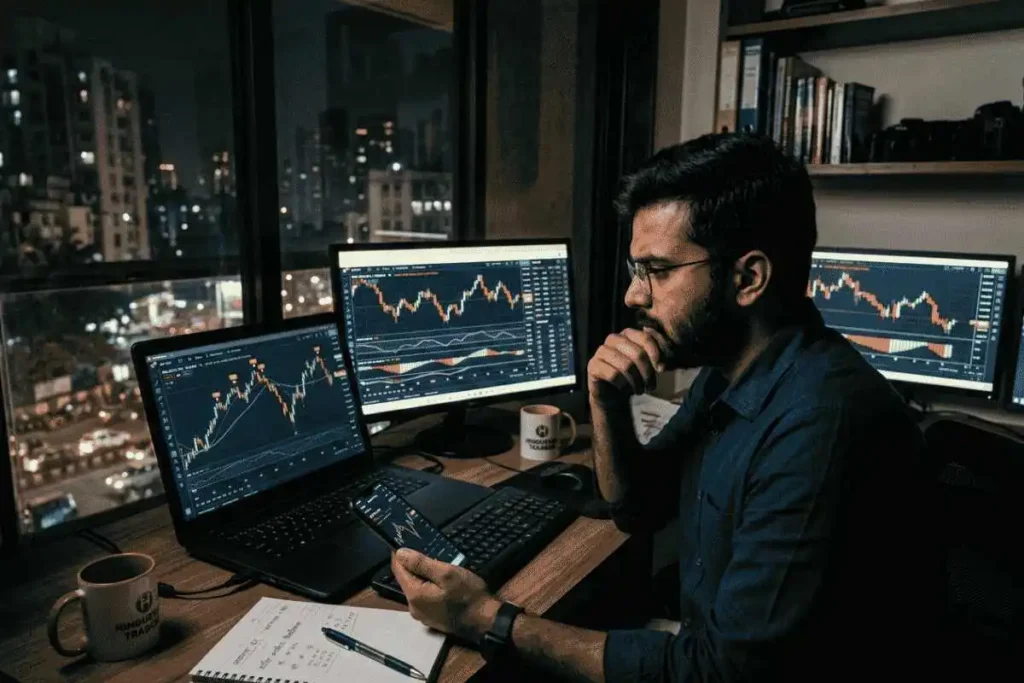 Indian retail trader analyzing stock market charts to understand trading success rate in India