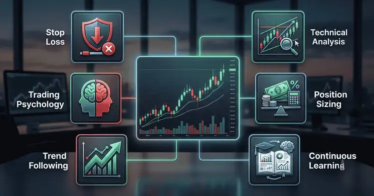 Big Traders in 6 Trading Tricks Se Lakhon Kamate hain ka 6 core trading concepts ko dikhata visual graphic